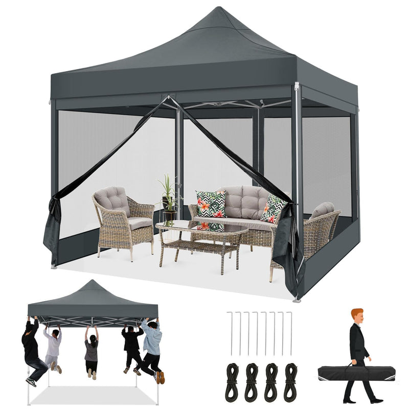 COBIZI 10X10 Heavy Duty Pop Up Canopy With 4 Mosquito Net Sidewalls, Gray (LOCAL PICKUP ONLY)