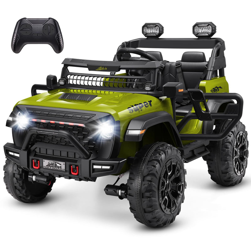Hikole 24V Ride On Toys For Kids, 2 Seater Electric Ride On Car With Remote Control, 4X4 Powerful Engine, Spring Suspension, Music, 20" Wide Seat, LED Light, Battery Powered Truck 4-8 - Green (LOCAL PICKUP ONLY)