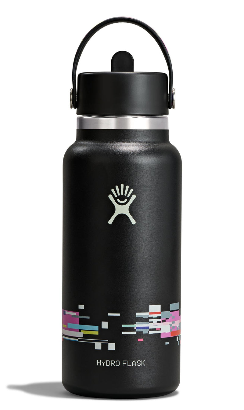 Hydro Flask Water Bottle - Insulated Stainless Steel - Wide Mouth Flex Straw Lid, Non Spill, Leakproof And Refillable In 32 Oz Glitch Black