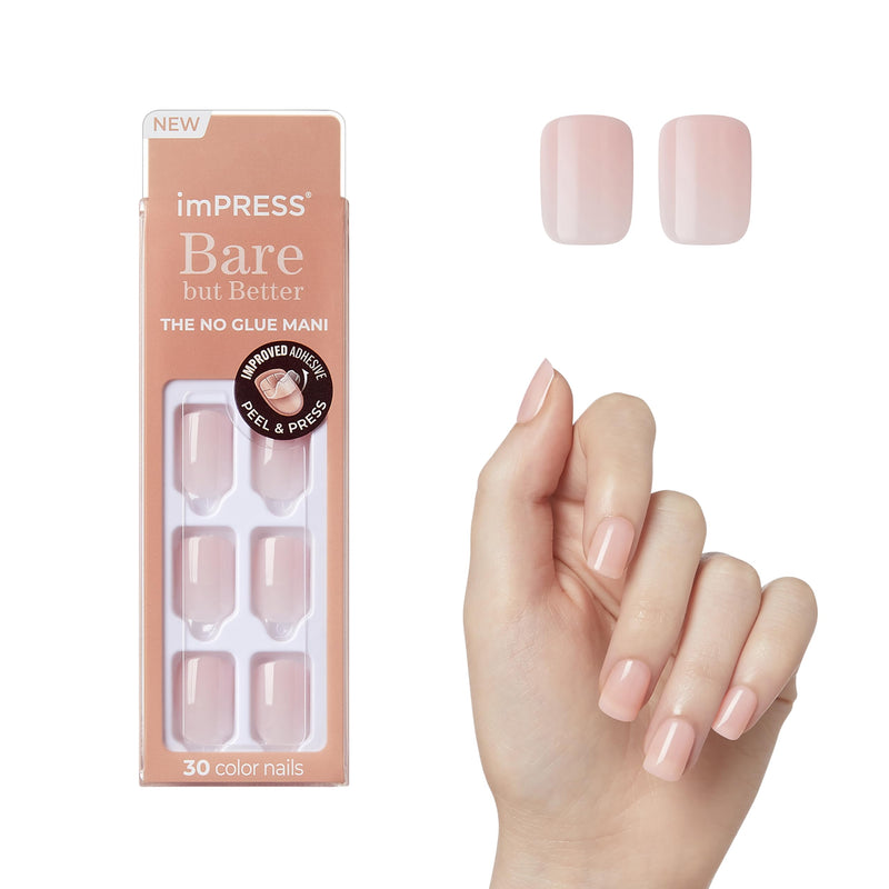 KISS Impress No Glue Mani Press On Nails, 'Instinct', Light Pink, Short Size, Squoval Shape, Includes 30 Nails, Prep Pad, Instructions Sheet, 1 Manicure Stick, 1 Mini File