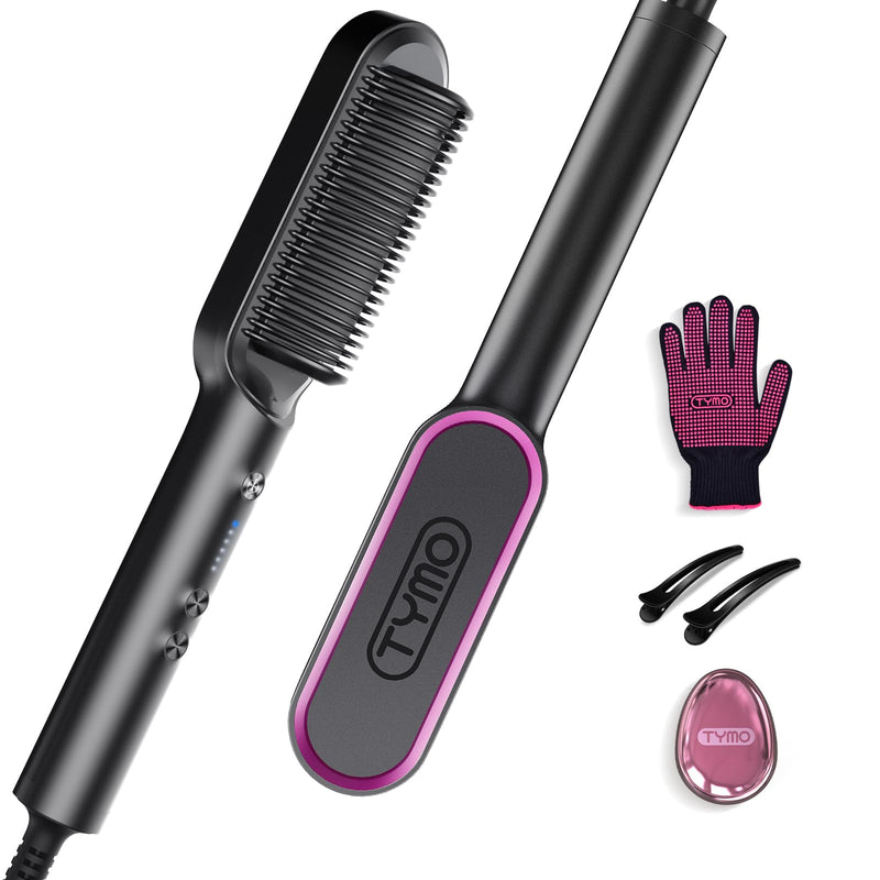 Hair Straightener Brush, TYMO Ring Hair Straightener Comb Straightening Brush For Women With 5 Temps 20S Fast Heating & Dual Voltage, Black