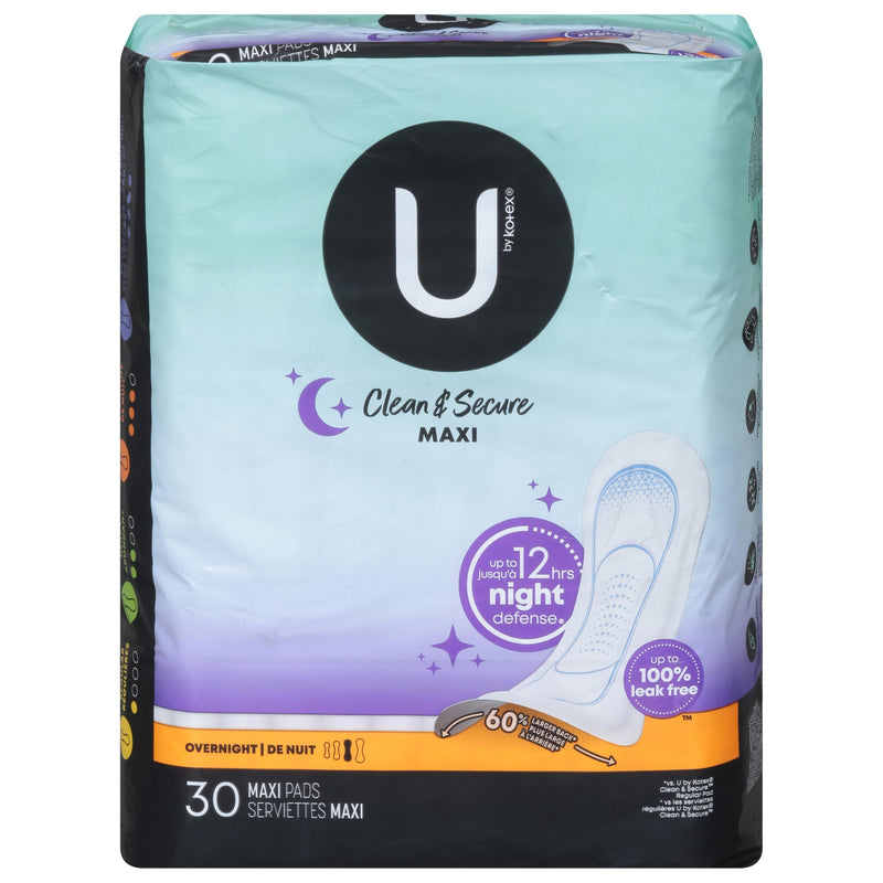 U By Kotex Clean & Secure Overnight Maxi Pads, 30 Count (Packaging May Vary)