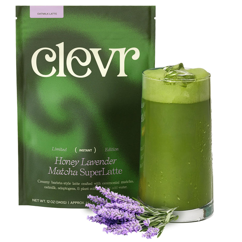 Clevr Honey Lavender Matcha Superlatte, Instant Ceremonial Grade, Superfood Powder Blend, Lions Mane, Reishi Mushroom, Coconut Cream, Ashwagandha, Serve Hot Or Iced (14 Lattes)