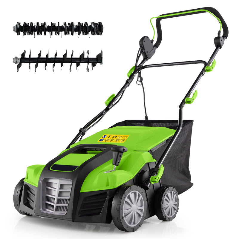 Goplus 2-In-1 Scarifier And Lawn Dethatcher, 16-Inch 15A Corded Electric Dethatcher W/ 14.5-Gal Collection Bag, 3-Position Height Adjustment & 5-Position Depth Adjustment, For Grass Garden Yard (LOCAL PICKUP ONLY)