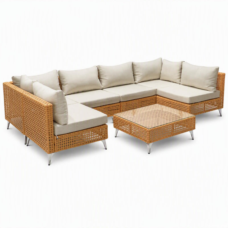 KIHAMP 7-Piece Wicker Patio Furniture Set Outdoor Sectional Sofa Coffee Table (Beige) (LOCAL PICKUP ONLY)