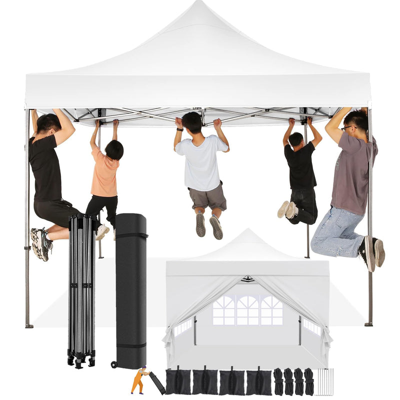 COBIZI 10X10 Pop Up Canopy Tent 10X10 Canopy With 4 Sidewalls Waterproof Heavy Duty Commercial Canopy Tent For Parties Outdoor Garden Gazebo, Carry Bag With Wheel(10X10ft, White) (LOCAL PICKUP ONLY)