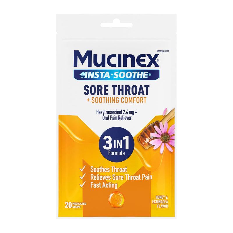 Mucinex Instasoothe Sore Throat Relief Drops, Sore Throat Lozenges, Sore Throat Medicine With Hexylresorcinol, Cough Drops Alternative, Honey & Echinacea Flavor Medicated Numbing Throat Drops, 20 Ct