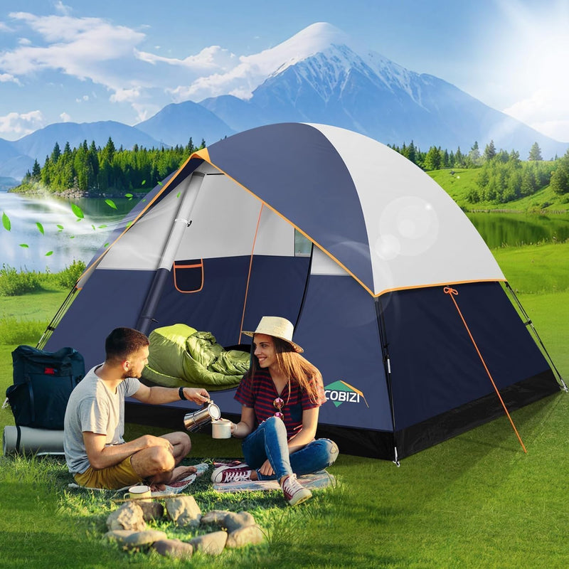 COBIZI Tents For Camping 4 Person Camping Tent With Rainfly And Screen, Easy Setup Lightweight Portable Waterproof Outdoor Tent With Carry Bag For Backpacking, Hiking, Family Travel, Dark Blue