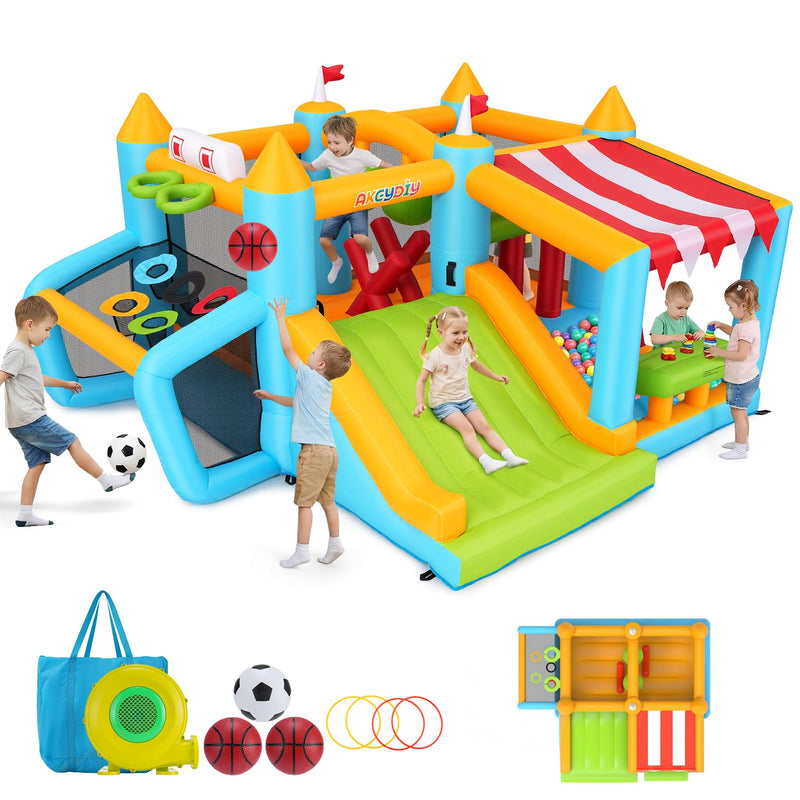 AS IS AKEYDIY Bounce House, 10-In-1 Inflatable Bouncy House Obstacle Course For Kids 3-12,Outdoor/Indoor With Obstacle Jump Area, Side, Toy Market Stand Football Shooting, Ball Pit,Air Blower Include (LOCAL PICKUP ONLY)