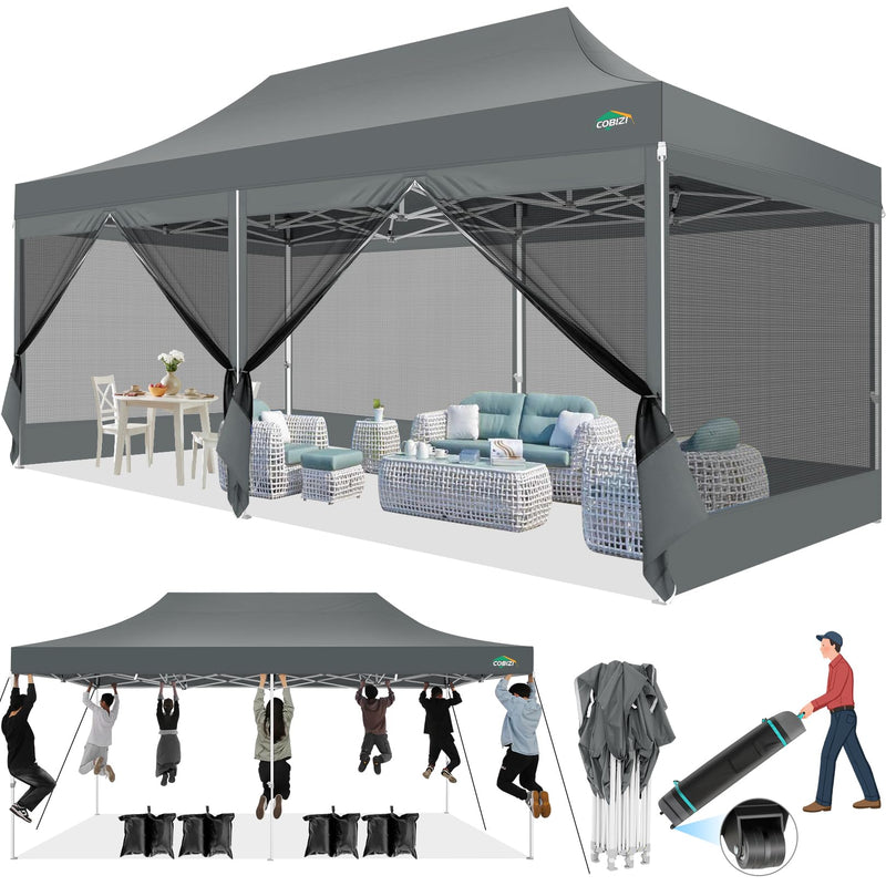 COBIZI 10X20 Canopy Tent With 6 Sidewalls,Heavy Duty Pop Up Canopy With Mosquito Netting,Easy Up Screen Tent For Parties Wedding Outdoor Patio With Roller Bag,Gray (LOCAL PICKUP ONLY)