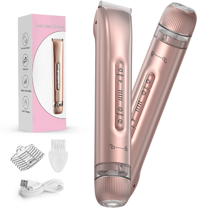 Bikini Trimmer For Women - 2 In 1 Electric Body Hair Trimmer For Silky Skin, Cordless Body Shaver For Travel, IPX7 Waterproof & Easy To Clean, Replaceable Ceramic Blade Heads, Rose Gold