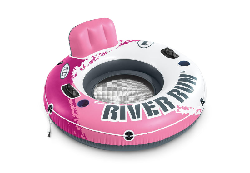 INTEX 58824EP River Run 1 Inflatable Floating Lounge: Comfortable Backrest – Built-In Cup Holders – Durable Grab Handles – All Around Grab Rope – 220Lb Weight Capacity – Pink