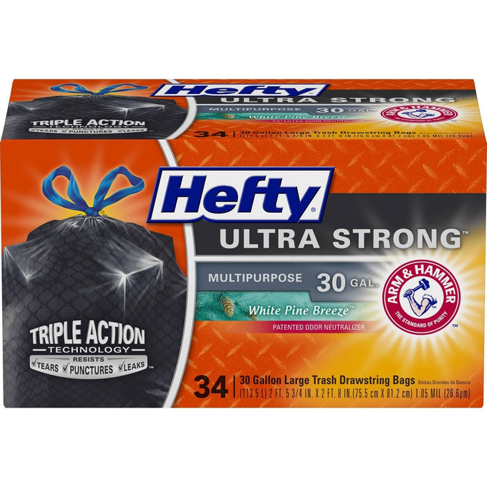 Hefty Ultra Strong White Pine Breeze Large Drawstring Trash Bags 30 Gallon - Black - 34ct
