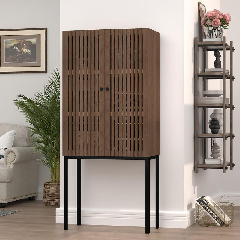 FIVESHOW Tall Legs Wine Bar Cabinet With Removable Racks - Multifunctional Pantry Storage For Kitchen, Dining & Living Room, Slat Door Wood Metal Design With Stemware Slots & Display Top (Brown) (LOCAL PICKUP ONLY)
