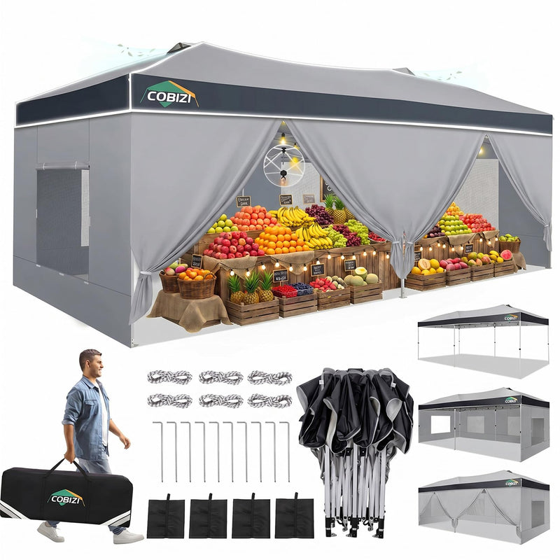 COBIZI 10X20 Pop Up Canopy Tent - 6 Removable Sidewalls, One Push Setup (LOCAL PICKUP ONLY)