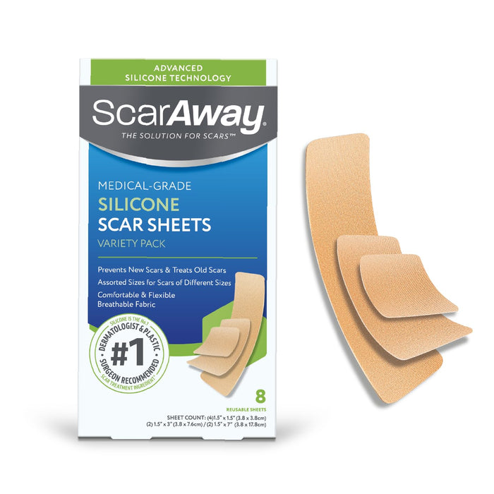 Scaraway Advanced Silicone Scar Sheets, Medical Grade Variety Pack Silicone Strips, Scar Treatment & Prevention For Surgical, Burn, Body, Acne, Hypertrophic & Keloid Scars, 8 Reuseable Sheets