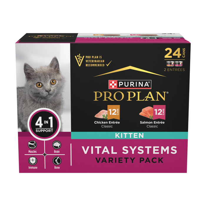 Purina Pro Plan Vital Systems Chicken And Salmon Entree Wet Kitten Food Variety Pack 4-In-1 Muscles, Brain, Immune And Bone - (Pack Of 24) 3 Oz. Cans