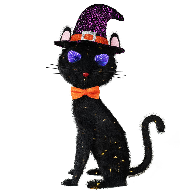 3.5FT Scary Black Cat Halloween Decor With Flashing LED Eyes And Witch Hat