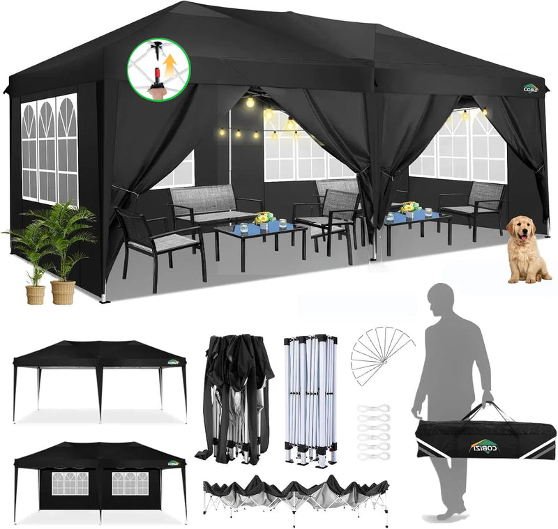COBIZI Canopy 10X20 Pop Up Canopy Tent With 6 Sidewalls Outdoor Party Tent 10X20 Waterproof Commercial Instant Shelter UPF 50+ Portable Gazebo Wedding Tents For Parties Car Port Vender Events(Black (LOCAL PICKUP ONLY)