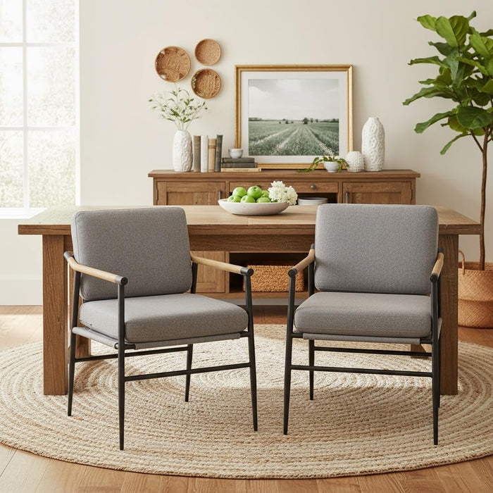 Lukealon Mid-Century Linen Dining Chairs Set Of 2, Ultra Soft Kitchen Chairs With Black Metal Legs, Modern Upholstered Armchair Comfy Side Chair For Dining Room Living Room, Grey (LOCAL PICKUP ONLY)