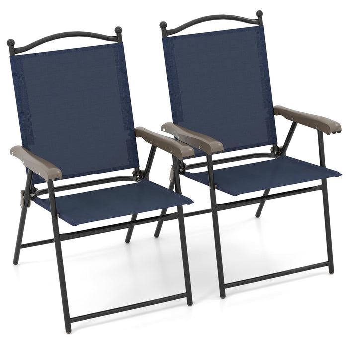 Giantex Set Of 2 Patio Folding Chairs, Outdoor Patio Dining Chairs W/Armrest, Sling Back, Metal Frame, Outside Use For Lawn Camping Garden Pool Beach Yard Lounge, No Assembly, Navy (LOCAL PICKUP ONLY)