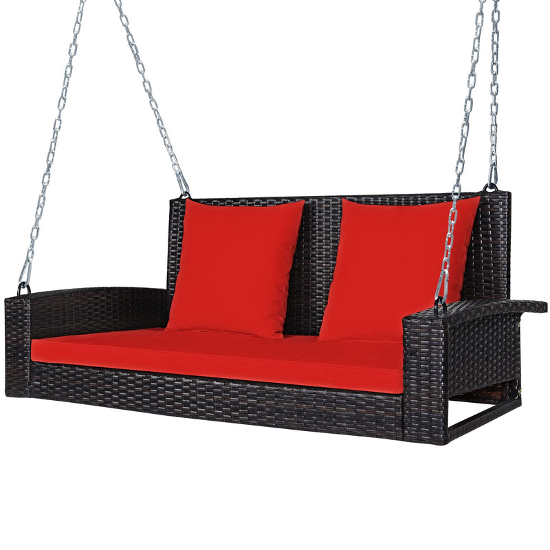 Tangkula 2-Person Wicker Porch Swing, Patiojoy Outdoor Rattan Hanging Swing Bench W/ 2 Back Cushions & 1 Seat Cushion, Sturdy Steel Chain, 800Lbs Weight Capacity (LOCAL PICKUP ONLY)