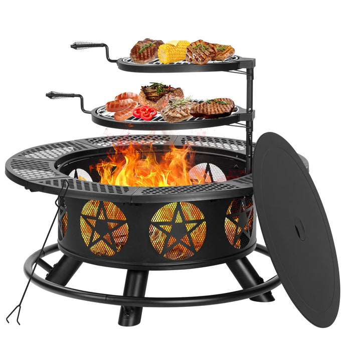 Outvue 36 Inch Fire Pit With 2 Grills, Wood Burning Fire Pits For Outside With Lid & Poker, BBQ& Outdoor Firepit & Round Metal Table 3 In 1 For Patio, Picnic, Party (LOCAL PICKUP ONLY)