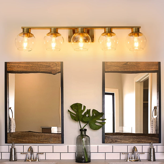 PAZALA Brushed Brass Bathroom Light Fixtures Over Mirror 5-Lights Vanity Light Wall Sconce With Globe Glass Shade E26 Base Perfect For Hallway Picture Wall Lighting Bathroom Bedroom Mirror Living Room (LOCAL PICKUP ONLY)