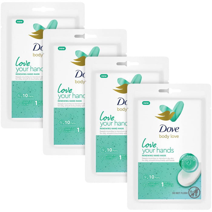 SINGLE Dove Renewing Hand Mask - Love Your Hands Repair Gloves, Dove Body Love Dry Hands Treatment With Niacinamide And Ceramide Serum For Soft, Silky Hands, Hand Masks For Dry Cracked Hands (Pack Of 4)