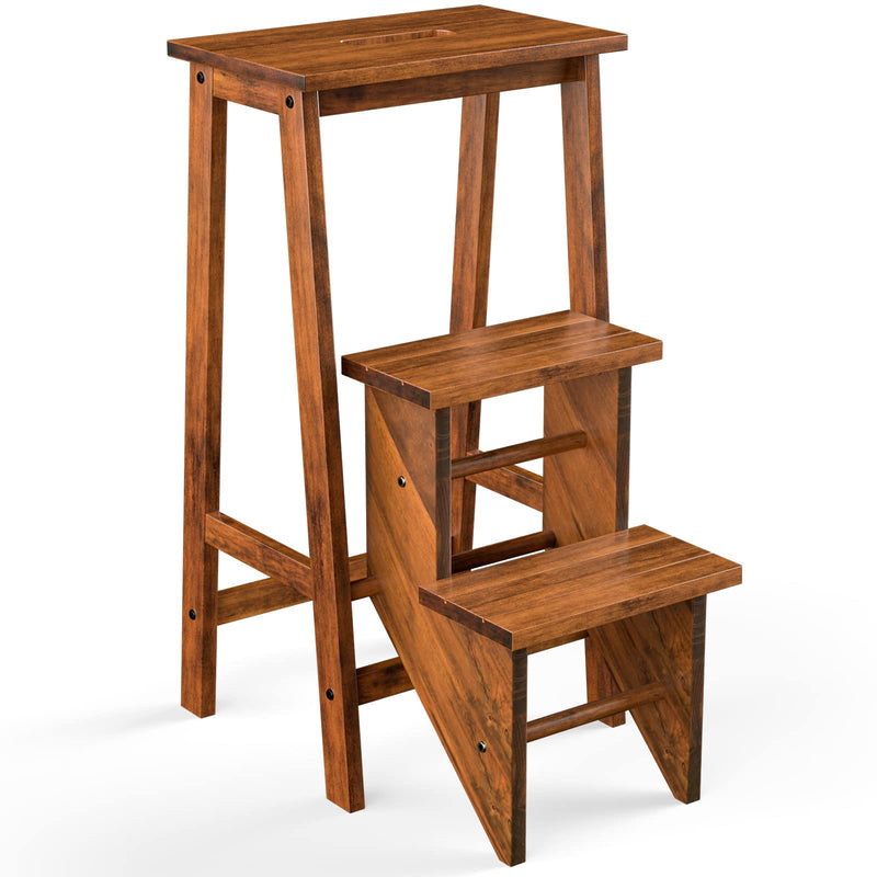 Giantex 3 Tier Folding Step Stool, Multifunction 3-In-1 Wood Step Stool, Portable Seat Display And Storage Shelf For Library, Home Kitchen (Light Walnut) (LOCAL PICKUP ONLY)