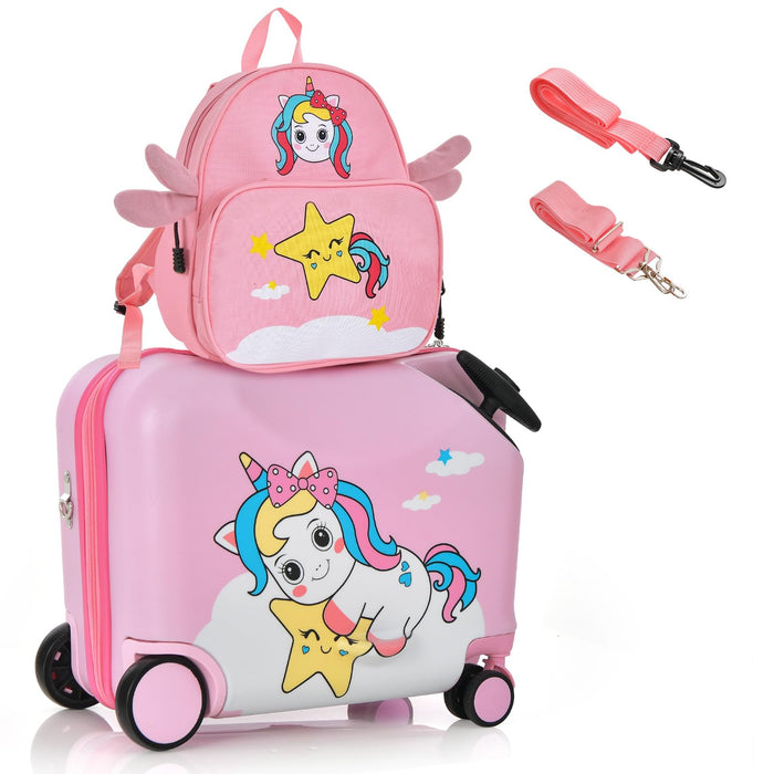 BABY JOY 2PC Kids Luggage Set, 4 In 1 Toddler 18” Ride-On & Carry-On Hardshell Suitcase With Wheels, Anti-Lose Rope, 12” Backpack, Lightweight Travel Rolling Trolley For Boys Girls (Cute Pony)