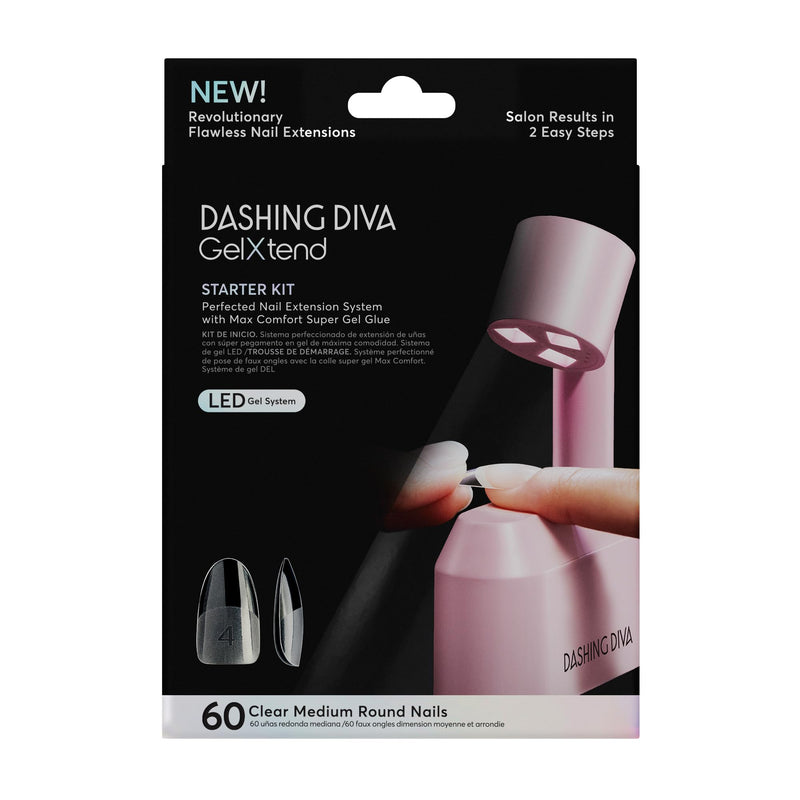 Dashing Diva Gelxtend Starter Kit - Clear, Medium Round - Press On Nails With LED Lamp - Lasts Up To 14 Days - Clear, Customizable Gel Nails - No-Soak, Easy Removal - Gel Nail Tips