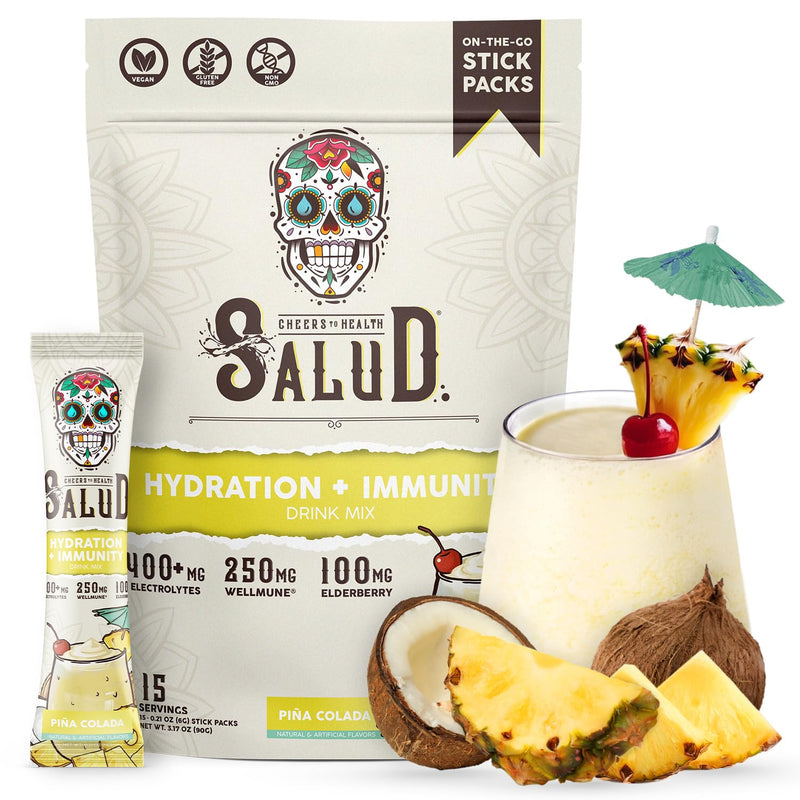Salud 2-In-1 Hydration Packets + Immunity Electrolytes Powder, Piña Colada - Agua Fresca Drink Mix, Elderberry, Dairy & Soy Free, Non-GMO, Gluten Free, Vegan, Low Calorie, 1G Sugar (15 Servings)