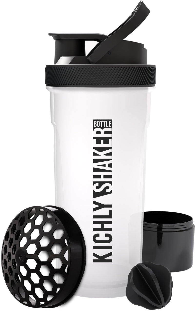 KICHLY Shaker Bottle 1 Pack - 24 Ounce Plastic Protein Shaker Bottle For Pre & Post Workout With Twist & Lock Protein Box Storage (Clear/Black)