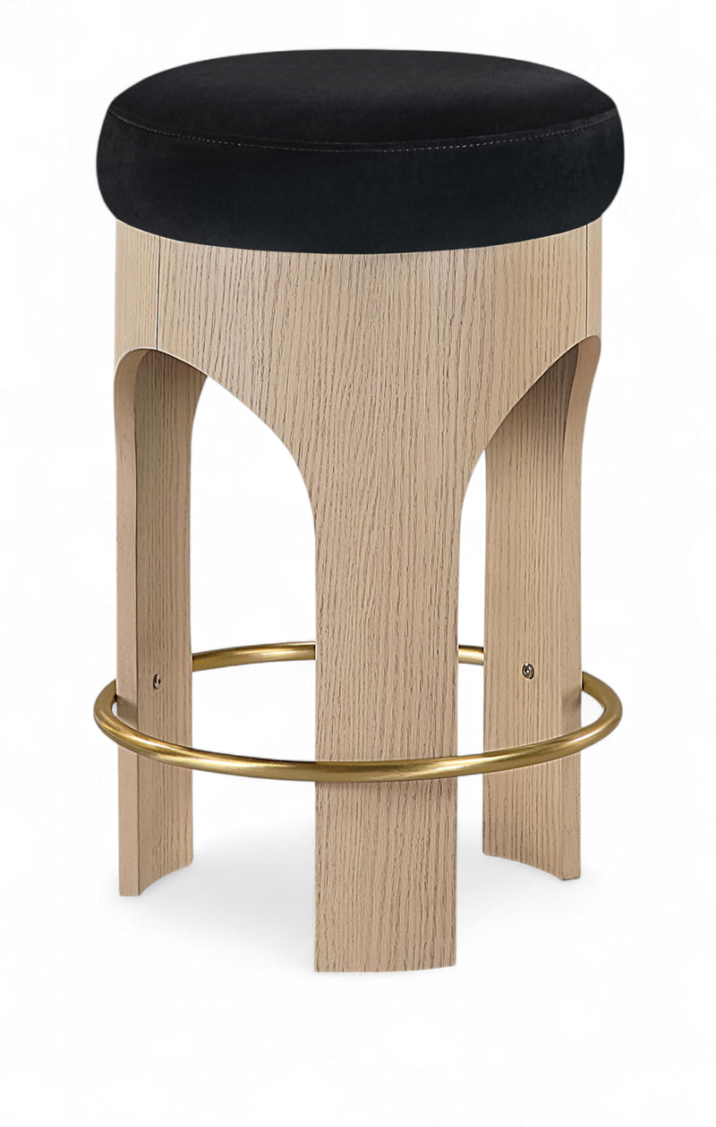 Meridian Furniture 11057Black-C Bocceli Collection Art Deco Counter Stool With Ultra Luxe Black 460 GSM Velvet, Natural Finish, Solid Wood, Oak Veneer, 16.25" W X 16.25" D X 26.5" H, Black (LOCAL PICKUP ONLY)