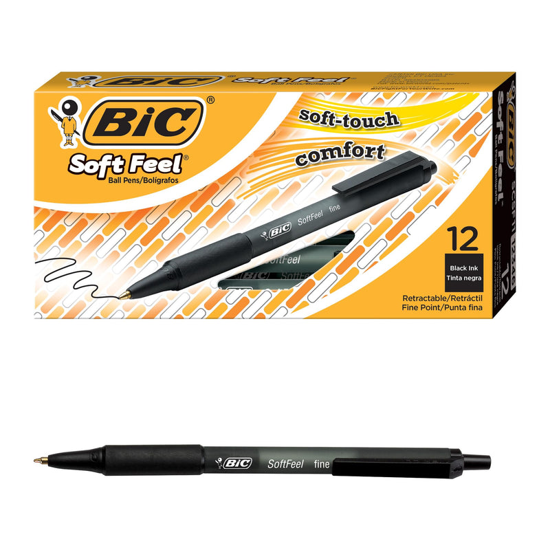 BIC Soft Feel Black Retractable Ballpoint Pens, 12-Count Pack, 1.0Mm