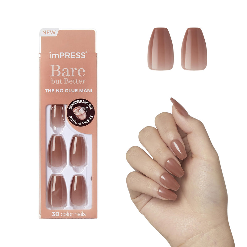 KISS Impress No Glue Mani Press On Nails, Bare But Better, 'Flare', Medium Neutral, Medium Size, Coffin Shape, Includes 30 Nails, Prep Pad, Instructions Sheet, 1 Manicure Stick, 1 Mini File