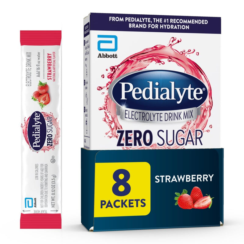 Pedialyte Electrolyte Drink Mix With Zero Sugar | Hydration With Key Electrolytes | Low In Calories | Strawberry, 8 Powder Packets