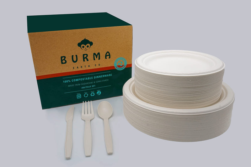 Burma Earth Co. 250 Pc Compostable Corn & Sugarcane Dinnerware Set, Eco-Friendly, 50Pcs 9In Plate, 50Pcs 7In Plate, 50 Pcs Fork, 50 Pcs, Knife, 50 Pcs Spoon