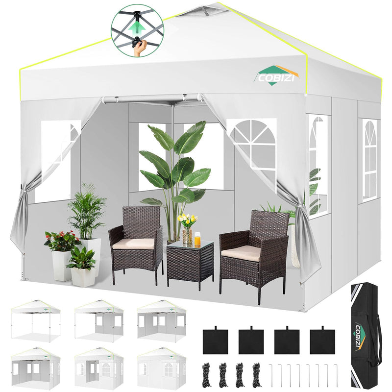 COBIZI 10X10 Pop Up Canopy Tent With 4 Removable Sidewalls, One Push Party Tent Outdoor Waterproof Event Canopy With Air Vent For Parties Commercial Wedding, 3 Height, Carry Bag, Sandbag, White (LOCAL PICKUP ONLY)
