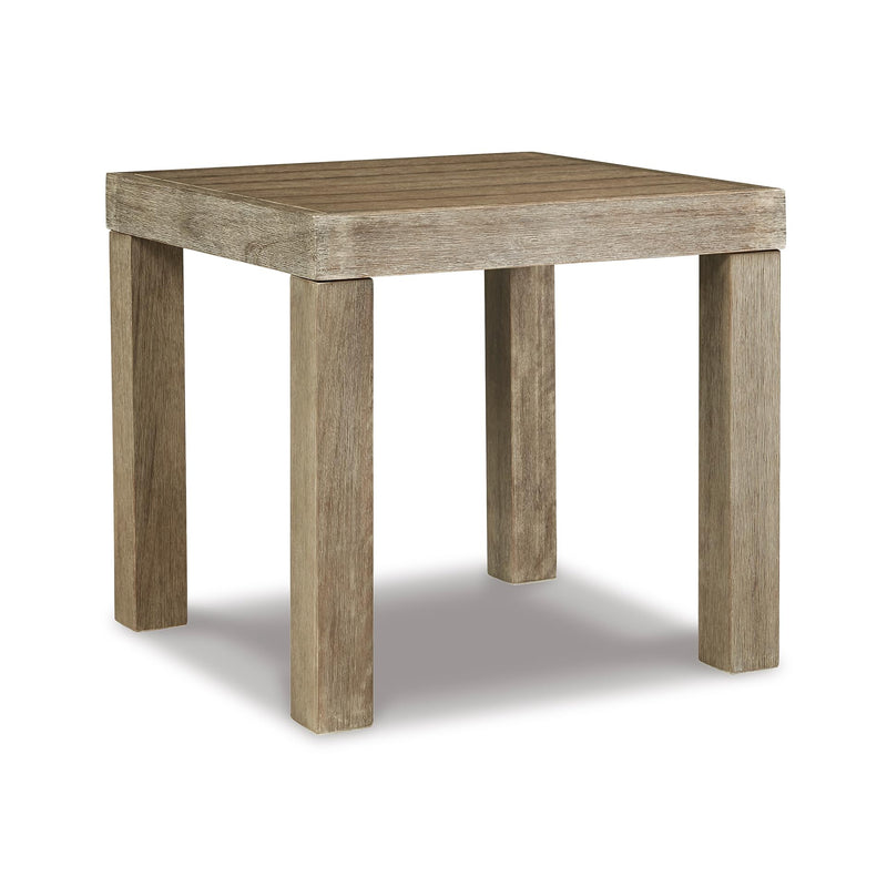 Signature Design By Ashley Silo Point Casual Outdoor Square Patio End Table With Slatted Styling, Multi-Step Finish, Eucalyptus Wood, 20.5" High, Brown (LOCAL PICKUP ONLY)