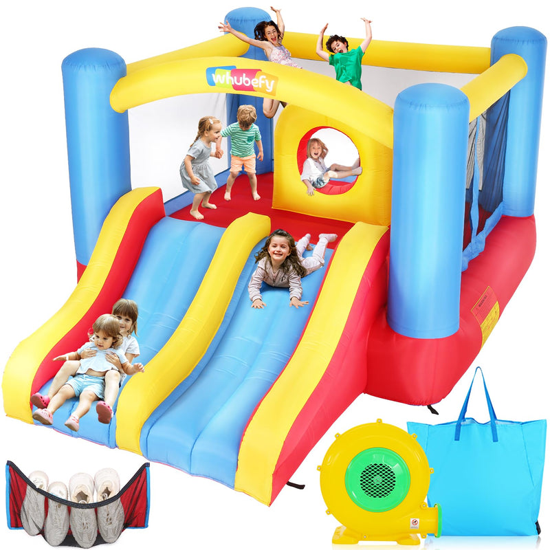 Whubefy Inflatable Bounce House With Blower, Elevated Double Racing Slide & Obstacle Center Hoop, Mesh Storage Pocket For Kids 3-12, Large Blow Up Bouncy Castle Indoor Outdoor Jump House Backyard Gift (LOCAL PICKUP ONLY)