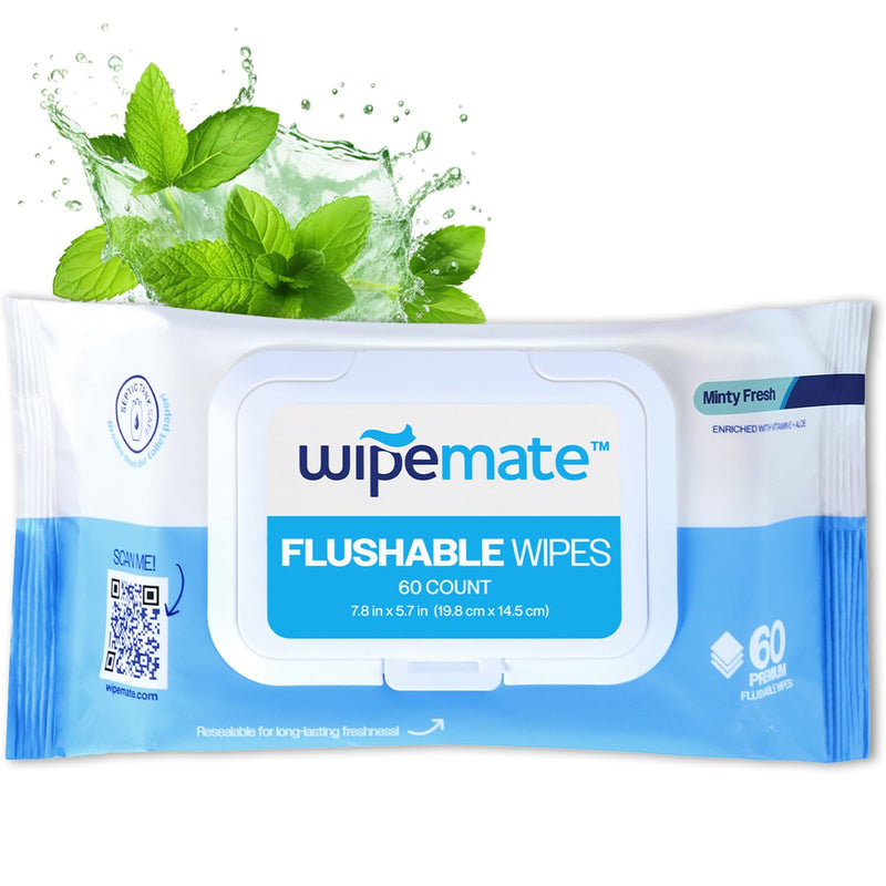 Wipemate ULTRA Flushable Butt Wipes, Soothing Vitamin E & Aloe, 99% Water, Minty Fresh Scent, Super Soft Hygiene Wipes, Septic & Sewer Safe, 1 Premium Flip-Top Packs (60Ct)