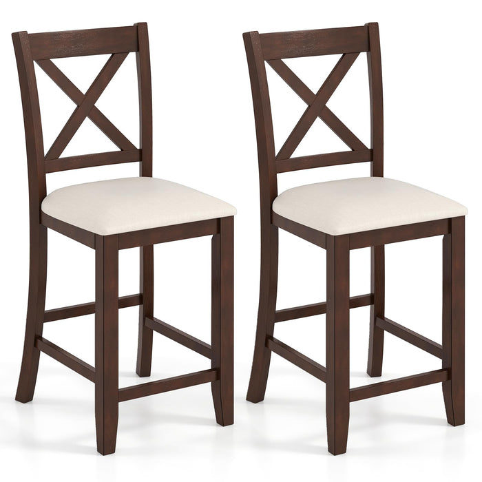 Giantex 24" Bar Stools Set Of 2, Farmhouse Counter Height Barstools W/Footrest, Cross Back, Comfortable Linen Cushion, Upholstered Wood Bar Chairs For Kitchen Island Dining Room Cafe, Walnut & Beige (LOCAL PICKUP ONLY)