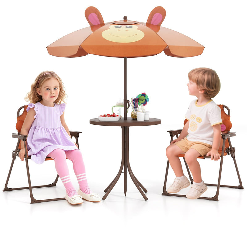 HONEY JOY Kids Picnic Table, Animal Themed Toddler Outdoor Table And Chair Set, 2 Folding Chairs & Removable Umbrella, Children Outdoor Furniture For Backyard Patio Garden (Brown Monkey) (LOCAL PICKUP ONLY)