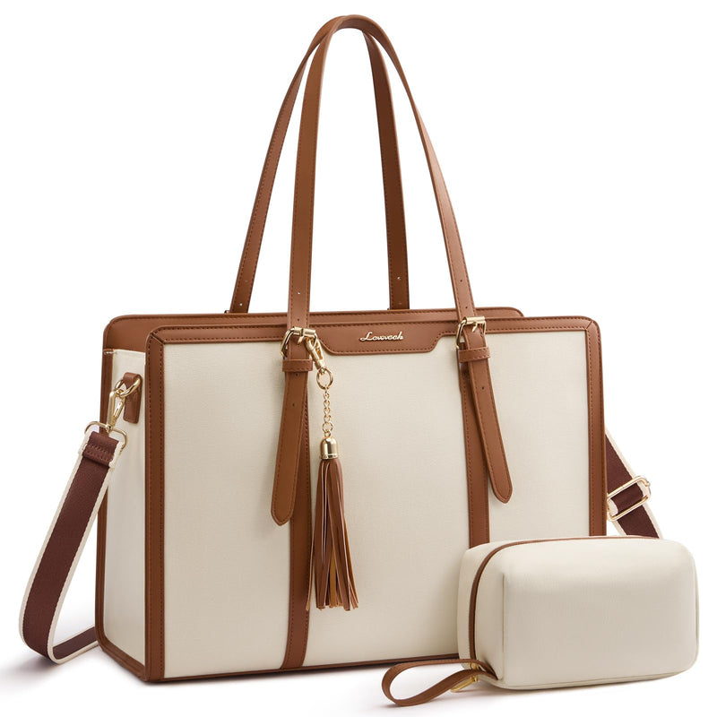 LOVEVOOK Laptop Bag For Women - 15.6 Inch Lightweight Canvas Laptop Tote, Large Capacity Computer Bag With Clutch Purse For Business, Work, Travel, School, Casual Beige