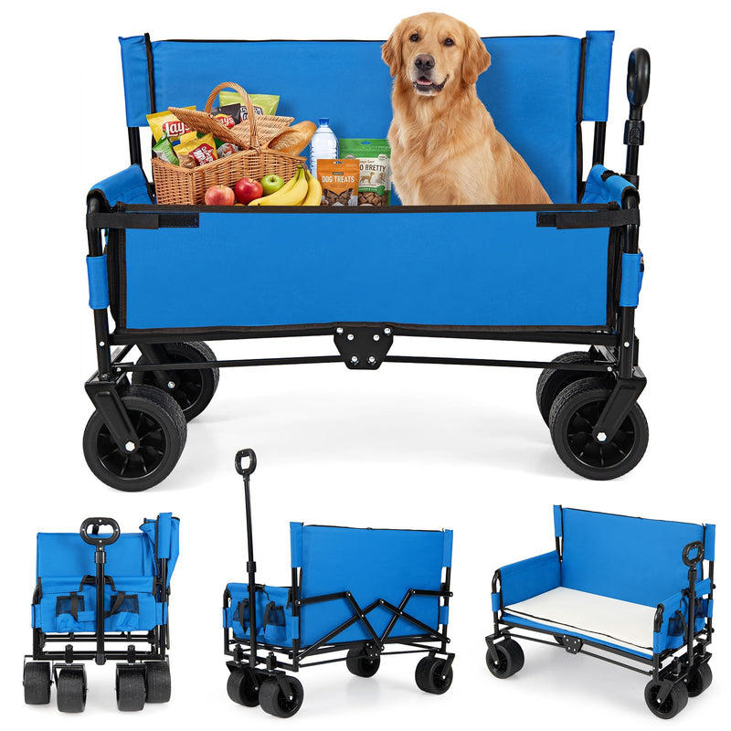 Goplus 2-In-1 Wagon Bench Seat Combo, Collapsible Folding Beach Cart With Adjustable Push/Pull Handle, Soft Cushions & All-Terrain Wheels, Heavy Duty Foldable Outdoor Wagon For Camping, Sports (Blue) (LOCAL PICKUP ONLY)