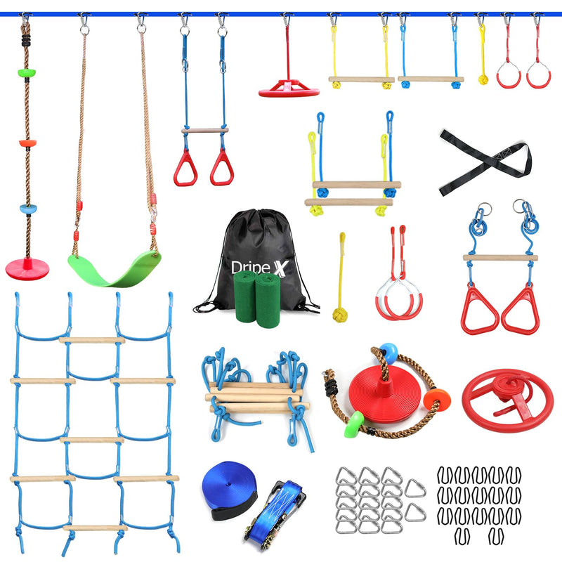 Dripex Ninja Obstacle Course For Kids Backyard - 10 Durable Obstacles And 60' Slackline - Outdoor Warrior Obstacle Playset Equipment With Gymnastic Ring, Rope Ladder, Ninja Wheel, Climbing Rope Swing (LOCAL PICKUP ONLY)