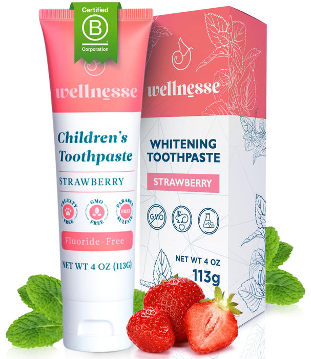 Wellnesse Kids Hydroxyapatite Toothpaste With Xylitol - Fluoride Free Toddler & Kid's Natural Toothpaste, Freshens Breath, Sensory-Friendly Oral Care, Vegan, Strawberry Flavor, 4 Oz (Pack Of 1)