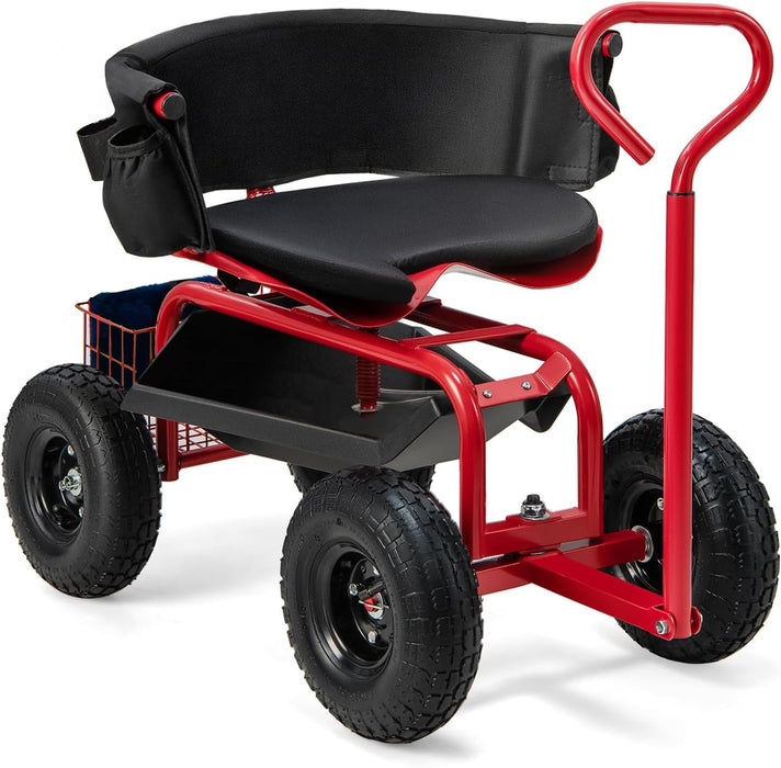 THUNDERBAY Garden Cart Rolling Workseat With Wheels, 360 Degree Swivel Seat, Wagon Scooter With Steering Handle & Utility Tool Tray For Planting, With Storage Basket And Tool Pouch, Red (LOCAL PICKUP ONLY)